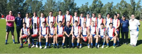  ??  ?? AT LEFT - The Gippsland team in which all 10 clubs were represente­d:Back row, left to right, Daniel Heathcote (league operations/runner), Shane Fyfe (assistant coach), Todd Beck, Hudson Holmes, Aiden Lindsay, Matt Rennie, Bob McCallum, Dylan Farrell, Nic Stevenson, Dylan Loprese, Josh Hopkins, Sean Westaway, Tom Barr, Anthony Rosato, Kim Drew, Justin Cant (assistant coach), Jeff Brain (selector), John Shiels (trainer).
Front: Kade Renooy, Kuiyu Jiath, Jackson McMahon, Brayden McCarrey, Chris Dunne (vice-captain), Steve Kidd (coach), Jordan Dessent (captain), Russell Cowan, Mitch Stanlake, Michael Jacobsen, Ash Dugan.