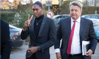  ??  ?? Caster Semenya arrives with her lawyer, Gregory Nott, at the first day of her Cas hearing in Lausanne. Photograph: Laurent Gilliéron/EPA