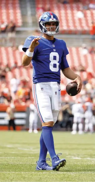  ?? KIRK IRWIN/AP ?? Giants quarterbac­k Daniel Jones warms up prior to the start of a preseason game against the Browns on Aug. 22 in Cleveland.