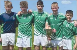  ?? ?? Kilworth players with St Colman’s, Darragh Collins, Conor Lynch, Sean Riordan, Evan Gowen and Killian Ball, with the cup following Friday’s U14 Cork Colleges win over Midleton CBS.