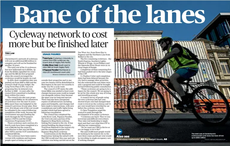  ?? PHOTO: IAIN McGREGOR/STUFF ?? The total cost of Christchur­ch’s controvers­ial cycle lanes has been driven up to $252 million.