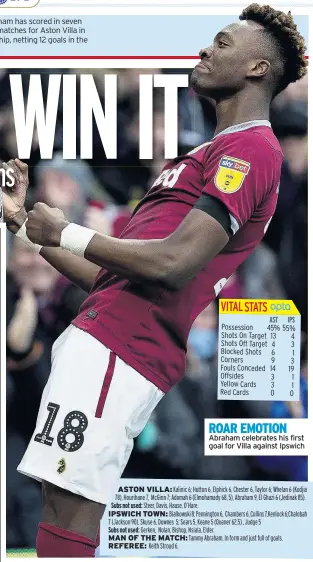  ??  ?? ASTON VILLA: Kalinic 6; Hutton 6, Elphick 6, Chester 6, Taylor 6; Whelan 6 (Kodjia 78), Hourihane 7, Mcginn 7; Adomah 6 (Elmohamady 68, 5), Abraham 9, El Ghazi 6 (Jedinak 85). Subs not used: Steer, Davis, Hause, O’hare. IPSWICH TOWN: Bialkowski 8; Pennington 6, Chambers 6, Collins 7,Kenlock 6;Chalobah 7 (Jackson 90), Skuse 6, Downes 5; Sears 5, Keane 5 (Quaner 62,5) , Judge 5 Subs not used: Gerken, Nolan, Bishop, Nsiala, Elder. MAN OF THE MATCH: Tammy Abraham. In form and just full of goals. REFEREE: Keith Stroud 6.