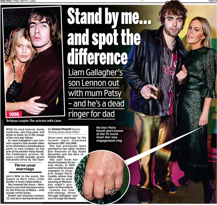  ?? ?? My boy: Patsy Kensit and Lennon at the TV event. Inset: Her new engagement ring