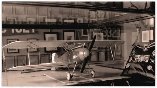  ??  ?? ■ The huge and highly detailed scale model of Lothar von Richthofen’s Albatros D.III, his Pour le Merite, medal bar and other awards. The sword gifted by a Swedish admirer can just be seen behind the model aircraft. On the wall are just some of what were more than 300 deer antler hunting trophies.