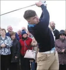  ??  ?? A big crowd watched Alex tee off at the Laytown & Bettystown Captains’ Drive-in after he was made Junior Captain for 2019.