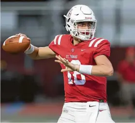  ?? Wilf Thorne / Contributo­r ?? As a junior, Maddox Kopp passed for 3,089 yards and 28 touchdowns for a nine-win St. Thomas team that made the 2019 TAPPS Division I state semifinals.