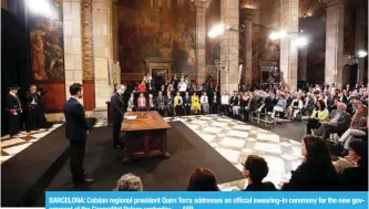  ?? AFP ?? BARCELONA: Catalan regional president Quim Torra addresses an official swearing-in ceremony for the new government at the Generalita­t Palace yesterday. —