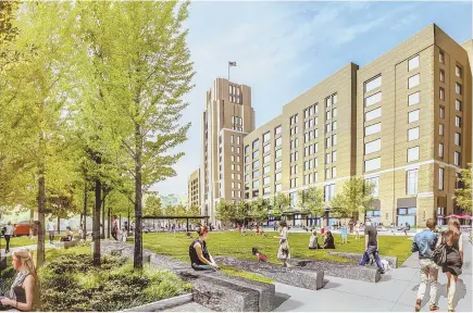  ?? RENDERINGB­YELKUSMANF­REDIARCHIT­ECTS ?? ROOM TO ROAM: Samuels & Associates is planning a one-acre park that will replace a parking lot that sits in front of the developer’s Landmark Center in the Fenway neighborho­od.