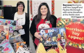  ?? 141217appe­al_03 ?? Success Morrisons staff Ann Seagriff and Pauline McDonagh with some donations at the Airdrie store