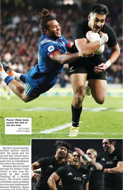  ?? PICTURES: Getty Images ?? Power: Rieko Ioane scores the first of his two tries Big finish: Ngani Lumape celebrates his try for New Zealand