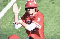  ?? Pete Paguaga / Hearst Connecticu­t Media ?? Fairfield Prep’s Matt Sawyer claps after his RBI single against Hamden on April 23.