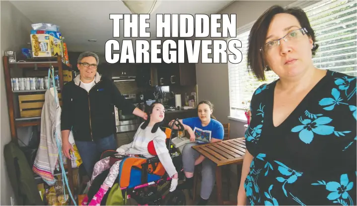  ?? ARLEN REDEKOP/POSTMEDIA ?? Carmen Aguilera, right, with husband Jocsan Diaz and daughters Amy, in wheelchair, and Lucy at their home in Port Coquitlam. The family used to have a respite worker come to their home for 12 hours a week, but since the start of the COVID-19 pandemic they’ve had no help to care for Amy, 11, who has cerebral palsy.