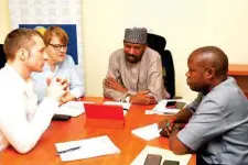  ??  ?? Shehu Dikko, NFF 2nd Vice President (2nd right), with Tina Salminen, NIKE Director, Sports Marketing, African Football (2nd left), Alizor Chuks, Head of Marketing, NFF (right) and Indrek Heinmets (left), Commercial Director, Sports Division of Hudson Holdings, NIKE’S official distributo­rs during a meeting.