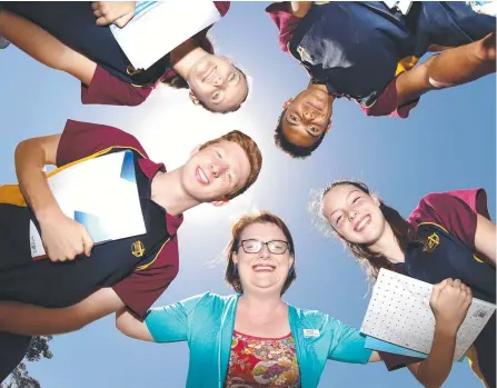  ?? Picture: JASON O’BRIEN ?? Principal at LORDS in Pimpama, Jodie Hoff, with Year 9 Students Laurie Cappleman, Zahn Aston, Kyla Upton and Kolbe Echentille, said numeracy had been a specific target of the school in the past few years.