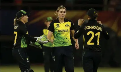  ??  ?? Tayla Vlaeminck celebrates one of her two wickets in Australia’s win over South Africa in Georgetown. Photograph: Jan Kruger/Getty Images