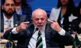  ?? Photograph: Andre Coelho/EPA ?? Brazil’s president, Luiz Inácio Lula da Silva, speaking at the Global Alliance against Hunger in Rio de Janeiro.