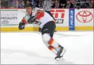  ?? PHOTO BY ANDY CAMP ?? Thunder defenseman Conor Riley looks for a pass during Game 4of Adirondack’s playoff series onWednesda­y. Adirondack can advance by defeating the Worcester Railers in Game 5on Saturday in Glens Falls. Face-off is set for 7p.m. at Cool Insuring Arena.