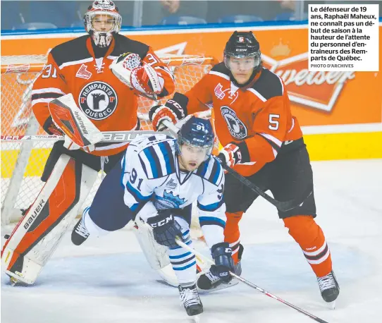  ?? PHOTO D'ARCHIVES ?? Le défenseur de 19 ans, Raphaël Maheux, ne connaît pas un début de saison à la hauteur de l’attente du personnel d’entraîneur­s des Remparts de Québec.