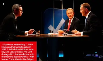  ??  ?? 1. Espiner as a schoolboy. 2. With Emma on their wedding day in 2012. 3. With Prime Minister John Key and Labour leader Phil Goff during a 2011 leaders debate. 4. In the Morning Report studio. 5. With former Prime Minister Jim Bolger.