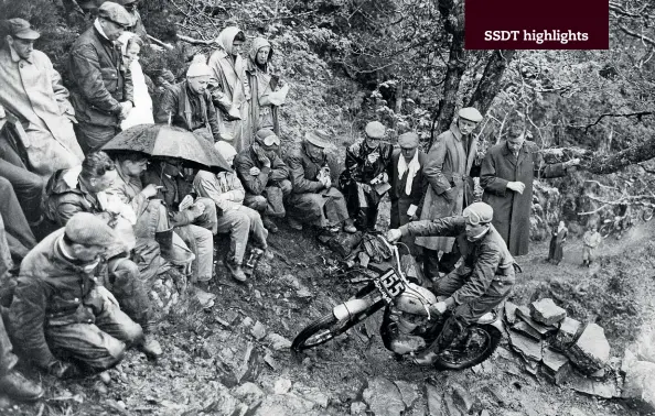  ??  ?? Above: John Harris was in the works BSA team – despite ignition woes and running out of petrol on the ride back to Edinburgh he still finished the week on 28.
Below: Dry weather as riders headed along Loch Ness.