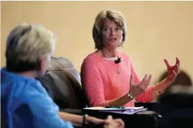  ??  ?? U.S. Sen. Lisa Murkowski, R-Alaska, speaks to Energy Secretary Jennifer Granholm, Monday, Aug. 16, 2021, in Anchorage, Alaska. They both took part in a panel discussion during the Alaska regional meeting of the National Hydropower Associatio­n. (AP Photo/Mark Thiessen)