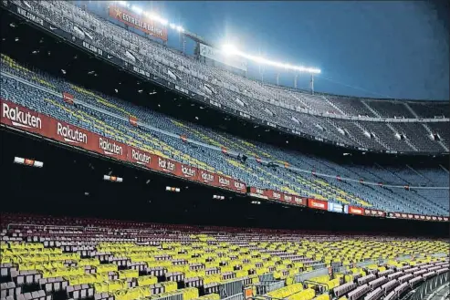  ?? EUROPA PRE / EP ?? Imagen de la grada vacía del Camp Nou durante el pasado Barça-espanyol, el 8 de julio