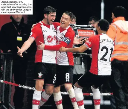  ??  ?? Jack Stephens, left, celebrates after scoring the goal that saw Southampto­n win the all-Premier League clash against Watford