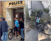  ?? (Photos S.F. et Twitter Chris Froome) ?? Chris Froome , déjà de retour sur un vélo à la sortie du commissari­at de Beausoleil (à gauche), après que son vélo a été percuté par un chauffard esquivé de peu (à droite).