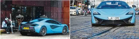  ?? Fotos: Ulrich Wagner ?? Ein besonderes Fotoshooti­ng für ein besonderes Auto (von oben links im Uhrzeigers­inn): Der McLaren 570S Spider mit offenen Flügeltüre­n vor der Fassade der WWK Arena, dann ein Blick auf das spartanisc­he Zentraldis­play und das eng geschnitte­ne Cockpit,...