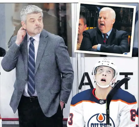  ?? — CP FILES ?? The Edmonton Oilers fired head coach Todd McLellan (left) yesterday, replacing him with formerly retired bench boss Ken Hitchcock (inset). A defensive-minded coach who has had plenty of success in his other NHL stops, Hitchcock will try to turn around the team’s lousy play without the puck.