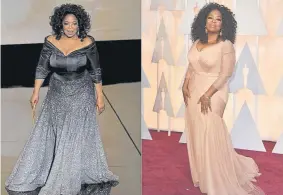  ??  ?? Oprah Winfrey walking on stage to present the award for best documentar­y feature during the Academy Awards in Los Angeles on Feb. 27, 2011, left, and arriving at the Oscars in on Feb. 22, 2015.