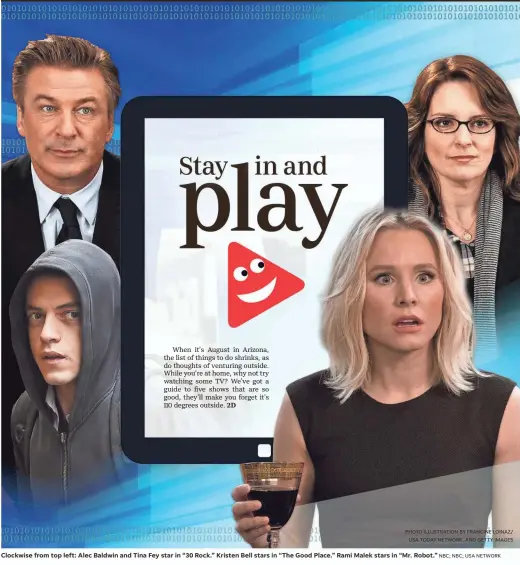  ?? PHOTO ILLUSTRATI­ON BY FRANCINE LOINAZ/ USA TODAY NETWORK, AND GETTY IMAGES NBC; NBC; USA NETWORK ?? Clockwise from top left: Alec Baldwin and Tina Fey star in “30 Rock.” Kristen Bell stars in “The Good Place.” Rami Malek stars in “Mr. Robot.”