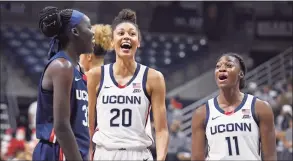  ?? Jessica Hill / Associated Press ?? UConn’s Olivia Nelson-Ododa (20) will play in her home state for the first time when the Huskies visit Georgia Tech on Wednesday.