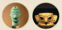  ?? PHOTOS BY WANG ZHUANGFEI / CHINA DAILY ?? A bronze relic and a gold mask unearthed at the Jinsha site in Chengdu, Sichuan’s provincial capital, show close connection with the relics found in the Sanxingdui site.