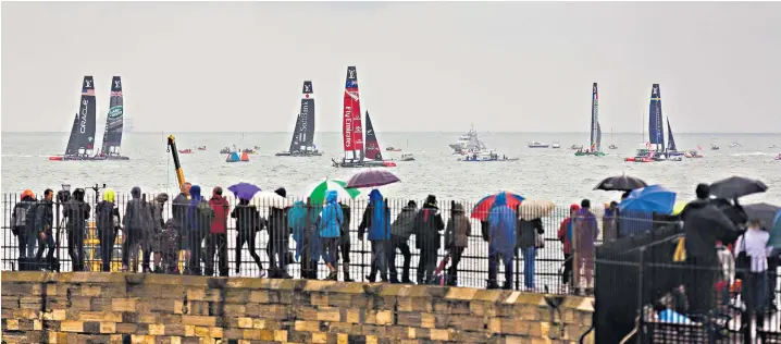  ??  ?? The six competing AC45 foiling catamarans of (left to right) Oracle Team USA, Land Rover BAR, SoftBank Team Japan, Emirates Team New Zealand, Groupama Team France and Artemis Racing Sweden during practice at the America’s Cup World Series on the Solent