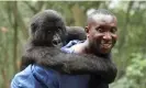  ?? ?? Gorilla caretaker André Bauma and one of the orphans as seen in Virunga, 2014, a film about protecting the animals in the Democratic Republic of Congo. Photograph: Netflix