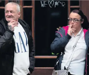  ??  ?? ●Robert Stott and Anne-Marie Stott who were spotted going straight to the pub after leaving court where they escaped jail over a brawl.