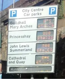  ??  ?? Parking signs showing gobbledego­ok in Exeter