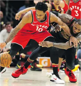  ?? SHAMUS/GETTY IMAGES GREGORY ?? Toronto Raptors guard DeMar DeRozan was no match for LeBron James and the Cleveland Cavaliers in Saturday’s Game 3 of their Eastern Conference semifinal in Cleveland. After hitting on three of 12 shots, DeRozan spent much of the fourth quarter on the...