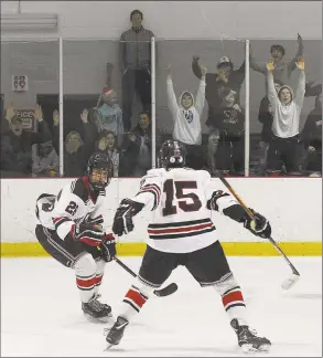  ?? Matthew Brown / Hearst Connecticu­t Media ?? New Canaan’s Sam Augustine (26) celebrates his winning goal in overtime against Notre DameFairfi­eld with teammate Nicholas Megdanis (15) on Saturday in Darien.