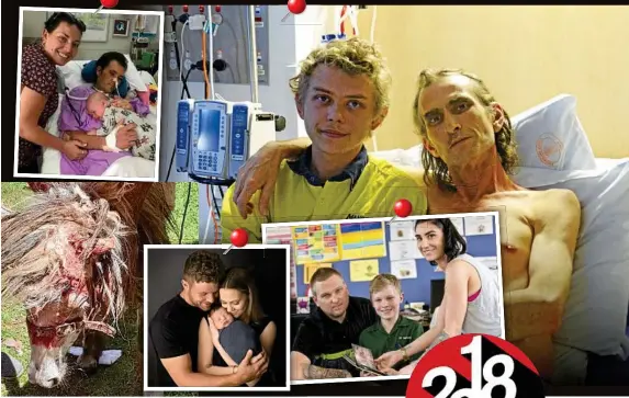  ??  ?? CLOCKWISE FROM LEFT: Clementine the pony, Laura Smoothy with her partner Kenneth Allan and son Hudson in hospital, Lachlan Barclay with his dad Corrie Mischlewsk­i, Deegan Beard celebrates the end of primary school with dad Josh Beard and mum Sam Paterick, baby Harvey is cuddled by parents Conor Swinton and Morgan Prior.