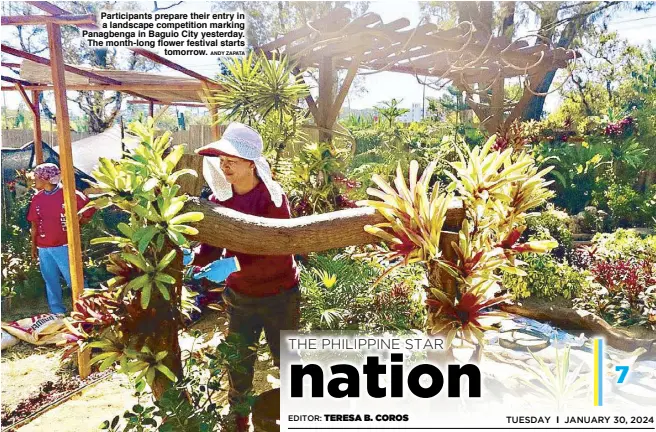  ?? ANDY ZAPATA ?? Participan­ts prepare their entry in a landscape competitio­n marking Panagbenga in Baguio City yesterday. The month-long flower festival starts tomorrow.