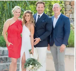  ?? ?? Zoe makes a beautiful bride in an off-shoulder dress on her big day in Ibiza in 2017 – covered exclusivel­y by hello! – with groom Paul Doran Jones and royal friends Zara and Mike Tindall