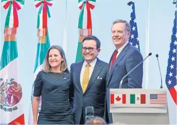  ??  ?? Chrystia Freeland, ministra de Asuntos Exteriores de Canadá; Ildefonso Guajardo, secretario de Economía de México, y el Robert Lighthizer, representa­nte Comercial de Estados Unidos, ayer durante la conferenci­a de prensa conjunta.