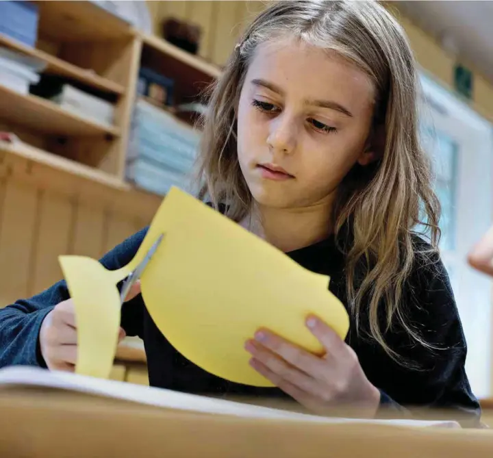  ??  ?? ANALOGT: Steinersko­lene er opptatt av at elevene skal sanse og laere gjennom kroppen. Her laerer Andrea og klassekame­ratene hennes om brøk ved å klippe opp runde pappbiter.