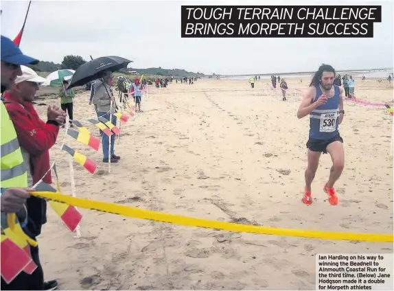  ??  ?? Ian Harding on his way to winning the Beadnell to Alnmouth Coastal Run for the third time. (Below) Jane Hodgson made it a double for Morpeth athletes