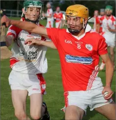  ??  ?? Ian Hawkins of Monageer-Boolavogue holds off Ferns St. Aidan’s forward Rory Scallan.