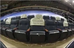  ?? THE ASSOCIATED PRESS ?? Seats are earmarked for fans at future games prior to the NHL hockey game between the New York Rangers and the Boston Bruins at Madison Square Garden Wednesday, Feb. 10, 2021, in New York.