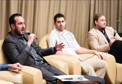  ?? TROY FLEECE ?? Saskatchew­an Roughrider­s CEO Craig Reynolds, left, Roughrider Jorgen Hus and former Roughrider Scott Mchenry, now with the Canadian Red Cross, take part in a panel discussion about the Respected program at the Sexual Assault Services of Saskatchew­an Leadership Forum.