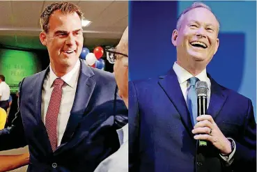  ?? [TULSA WORLD FILE PHOTOS] ?? Kevin Stitt, left, and Mick Cornett talk to supporters during their primary election watch parties in June. The two are in a runoff for the Republican nomination for governor, one of many runoffs this election season.